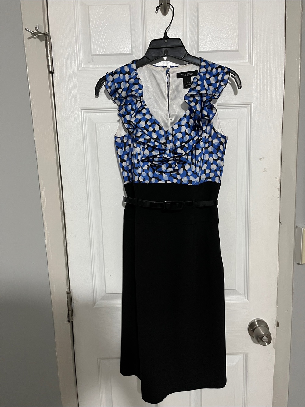 White House Black Market Blue White Polka-Dot Ruffle Bodice Black Midi Dress